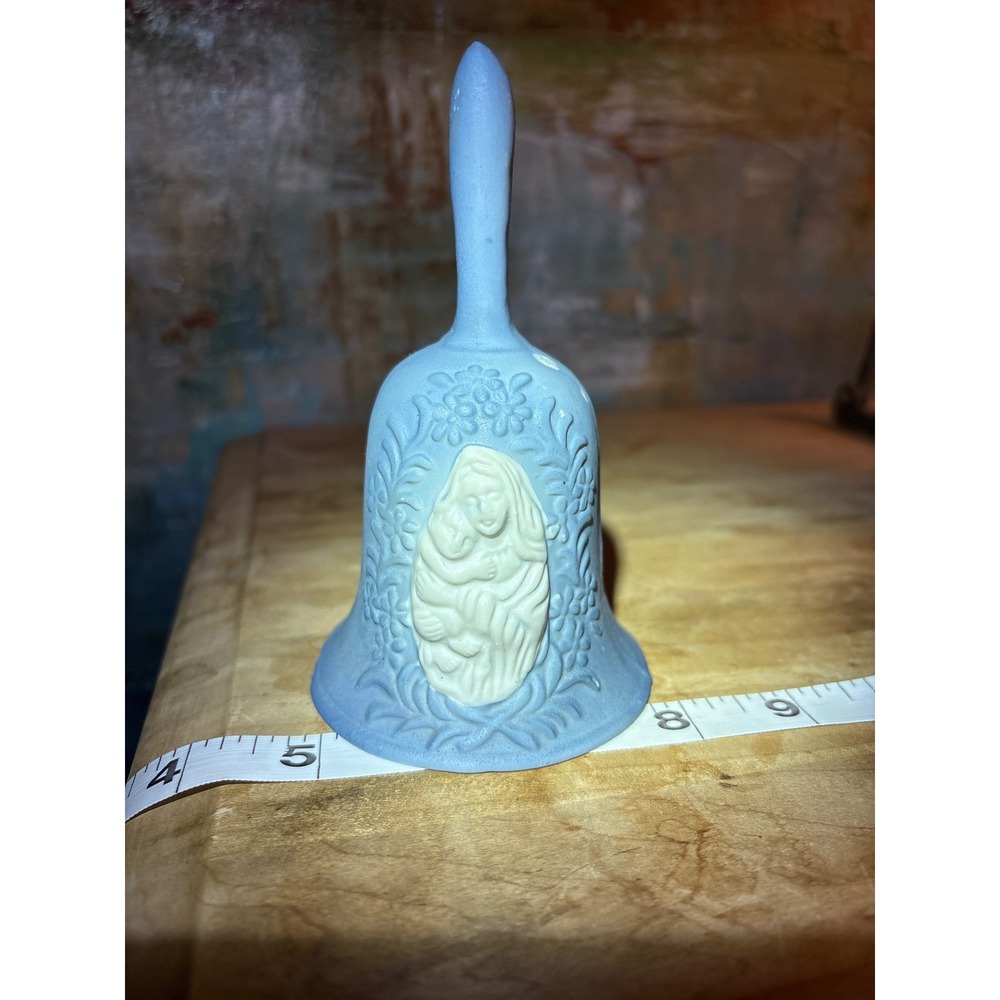 Vintage Blue Ceramic Madonna and Child‎ Bell Jasperware Style Decor 4.5in